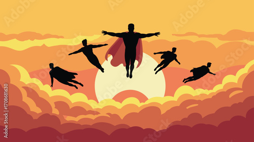 Powerful superhero team flying forward with glowing cityscape and fiery sky background, heroic action pose, vector illustration for comic and adventure themes