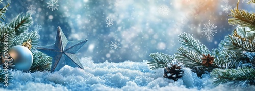 Winter Scene With Blue Ornaments and Snow Under a Sparkling Sky During the Ho...