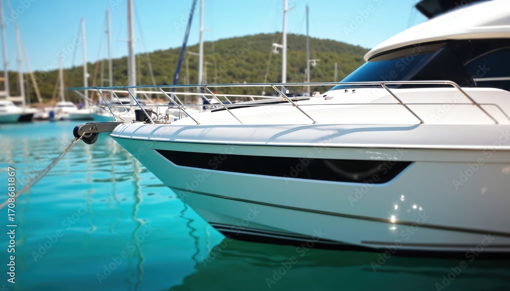 Fototapeta premium White luxury yacht with chrome railing docked in marina. Fiberglass bow reflects in turquoise water. Vessel moored with rope, surrounded by sailboats under clear blue sky. Nautical leisure, travel.
