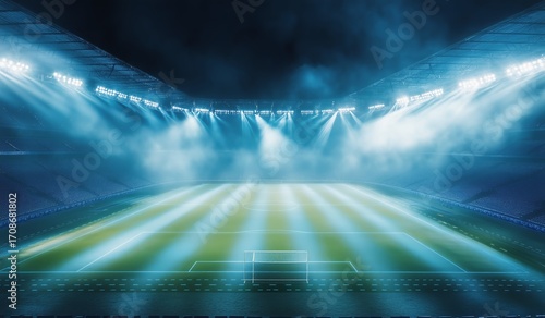 Exciting Night at a Football Stadium With Bright Lights Illuminating the Fiel...
