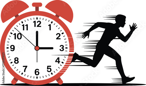 Running man sprinting past large alarm clock, concept of beating time, speed and urgency, vector illustration for productivity and time management themes