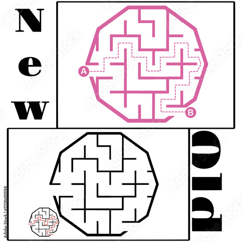 Illustration with labyrinth, maze conundrum for kids. Baby puzzle with entry and exit. Children puzzle game. New and old for labyrinth.