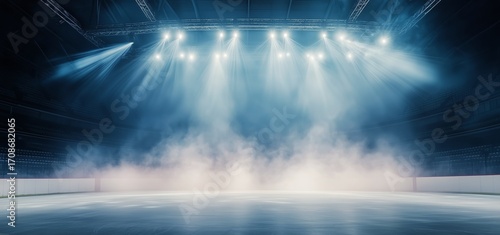 Hockey Rink Ready for Action With Fog and Bright Lights Illuminating the Dark...