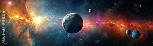 Vibrant Cosmic Scenery Showcasing Planets and a Colorful Nebula in Deep Space