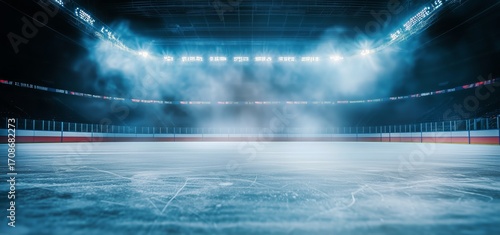 Hockey Rink Ready for Action With Fog and Bright Lights Illuminating the Dark...