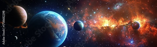 Vibrant Cosmic Scenery Showcasing Planets and a Colorful Nebula in Deep Space.