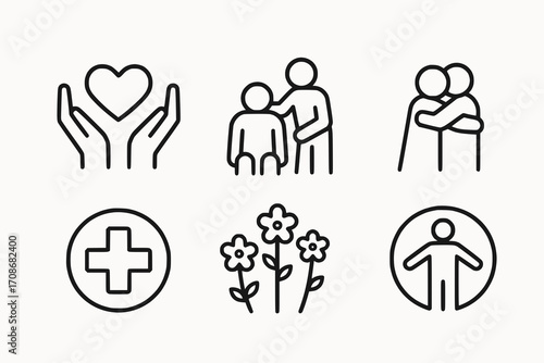 Vector icons for care and wellbeing, minimalist black and white set