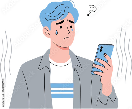 Upset man looking at phone with question mark above him editbale