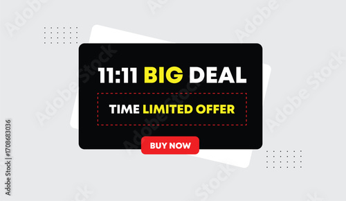 11 to 11 big sale time limited offer buy now editable vector art illustration web banner icon badge black yellow white red shapes elements light gray abstract background design template graphic modern