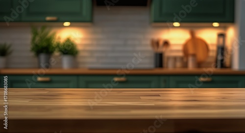 Elegant Kitchen With Wooden Table and Modern Decor Enhancing a Cozy Atmosphere.