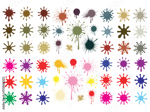 Collection of black paint drops, ink splashes, and dripping spots in a rough hand-drawn style. Features messy blot shapes, spray marks, and grunge textures isolated on white background. Perfect for ea