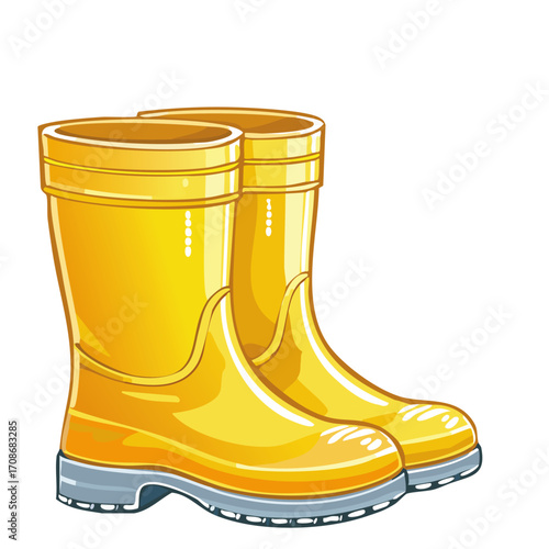 Yellow rubber boots color vector illustration. Protective footwear for rain and mud in autumn weather on an isolated background.
