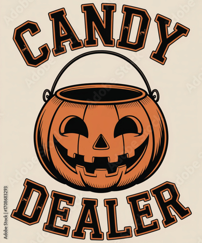 Halloween candy dealer pumpkin bucket with text