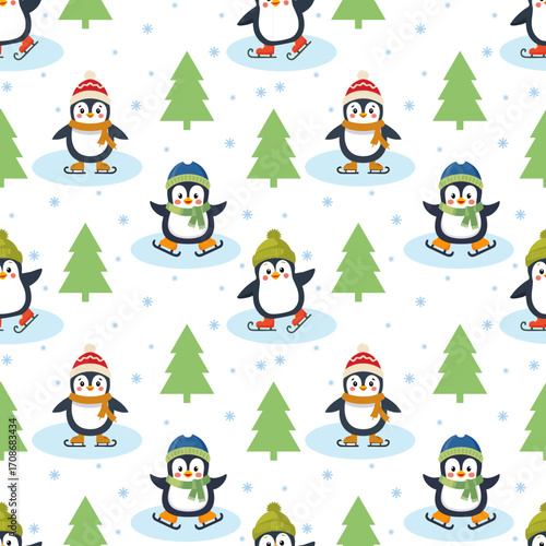 Cute ice-skating penguins in a forest with Christmas trees – a vector seamless pattern. A winter background of charming characters for children's holiday designs and apparel prints.