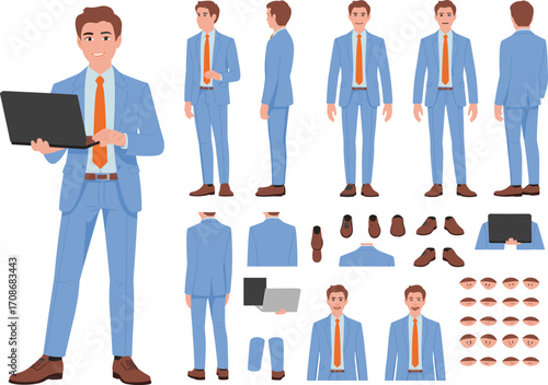 Businessman character kit, professional male in blue suit with laptop, office worker poses, facial expressions, corporate design vector illustration