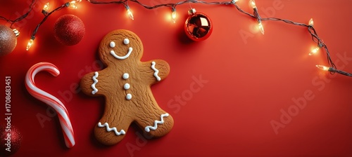 Festive Gingerbread Man Surrounded by Christmas Decorations and Candy Canes.