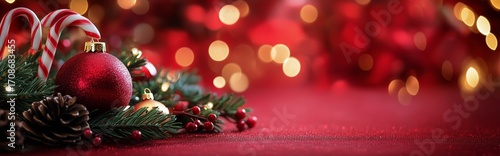 Festive Decorations With Colorful Ornaments and Candy Canes on a Red Backgrou...