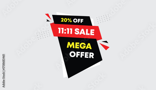 11 to 11 sale mega offer 20 percent off editable web banner vector art illustration template design black red shapes white gray abstract background business promotion creative graphic layout