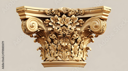 Intricately designed golden corinthian column capital for classical architecture
