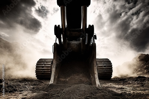 Heavy machinery digs earth under dramatic cloudy sky in construction site during late afternoon