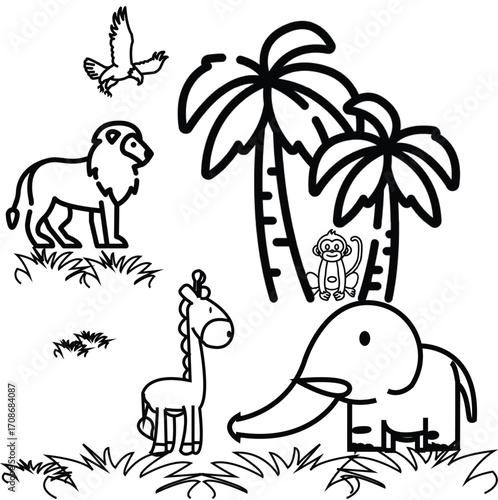 Jungle Animals with Palm Trees Wildlife Nature Outline Illustration