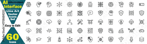 AI Interface Line Art Vector Icons Set/ 60 Icons Easy to Edit artificial intelligence, communication, drone, car, factory, science, research, development, software, hardware, system illustration. 