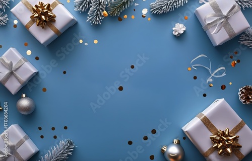 Holiday Gifts Arranged on a Blue Background With Festive Decorations