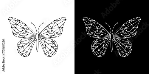 Butterfly with wings made of network lines on transparent and black background, artificial intelligence, outline icon  