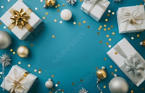 Holiday Gifts Arranged on a Blue Background With Festive Decorations.