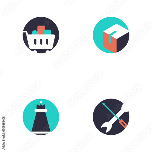 Shopping cart, packaging box, industrial tower, and tools icon set