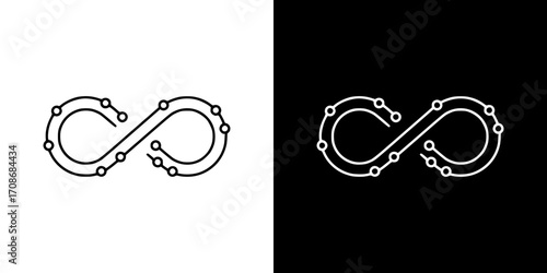 Infinity symbol made of connected dots on transparent and black background, artificial intelligence, outline icon  