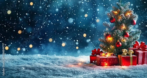 Colorful Christmas Tree With Gifts in a Snowy Landscape During a Winter Night