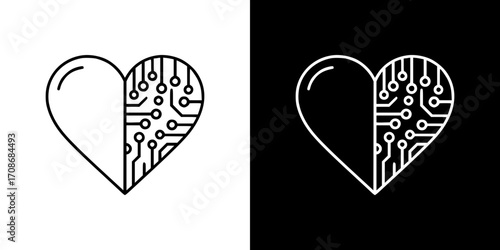 Heart half organic, half circuit board on transparent and black background, artificial intelligence, outline icon  