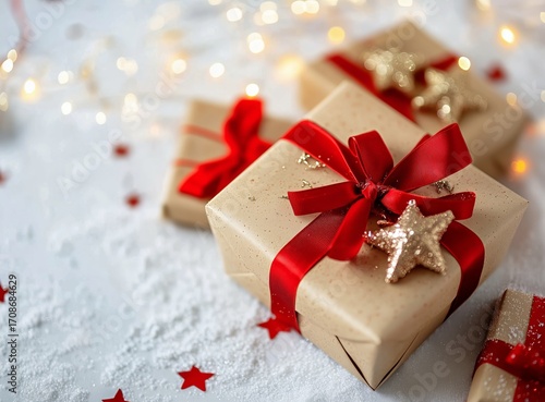 Holiday Gift Boxes With Red Ribbons and Stars on a Snowy Background Decorated...