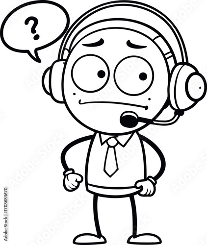Confused cartoon character wearing headset and tie with question mark silhouette