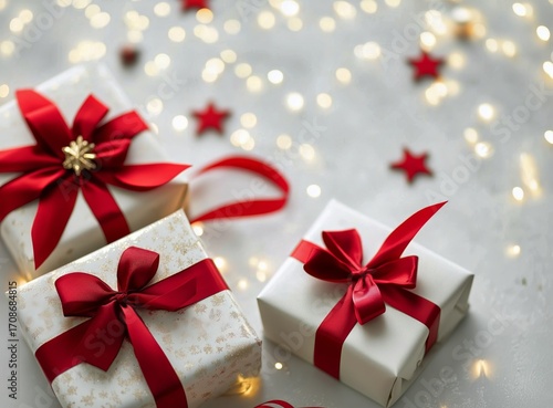 Beautiful Christmas Gifts Wrapped in White Paper With Red Ribbons on a Snowy ...