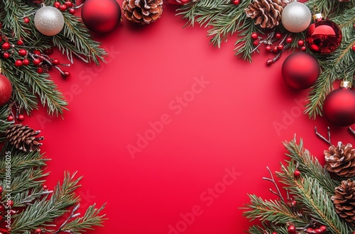 Festive Holiday Decorations With Pine Branches, Ornaments, and Cones on Red B...