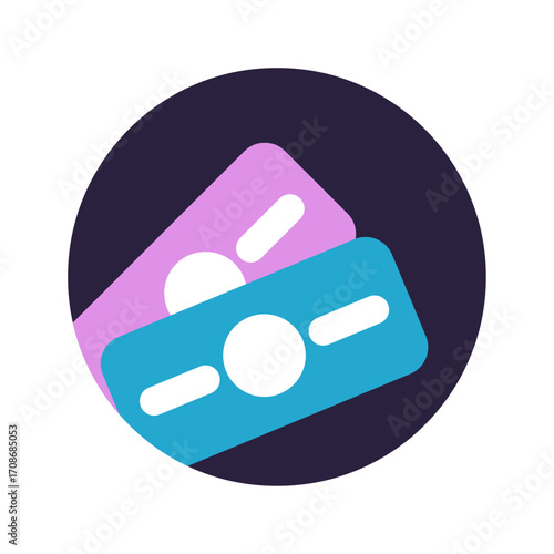 Abstract illustration of two stylized bills in purple and blue with white circles