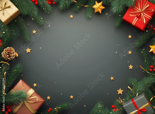 Festive Holiday Wreath With Red Gifts, Stars, and Pine Branches on a Dark Bac...