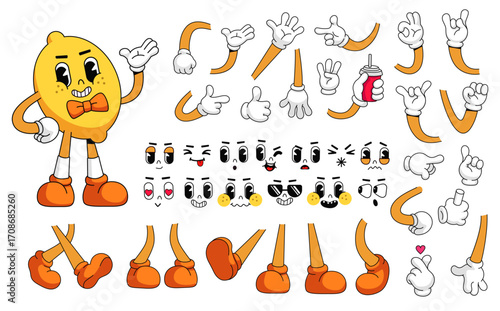 Retro groovy lemon mascot constructor kit. Funky 60s 70s fruit character with cute comic faces, funny poses, gestures, emotions vector set