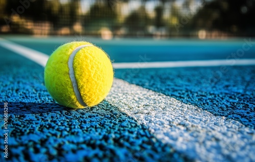 Yellow Tennis Ball Rests on Blue Court Near the White Line Before the Match B...