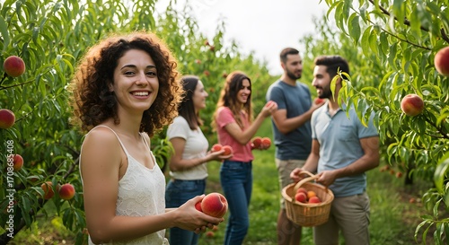 Group of friends picking peaches in an orchard on a sunny day with a woman smiling at the camera