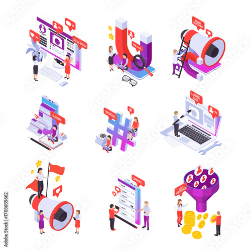 Isometric icon set for social media marketing and audience engagement