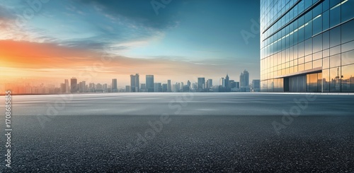 City Skyline at Sunset With Reflective Glass Buildings Creating a Stunning Ur...