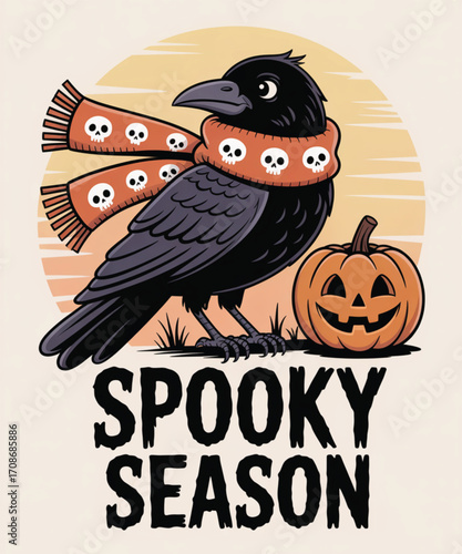 Spooky season crow wearing scarf with skulls next to jackolantern
