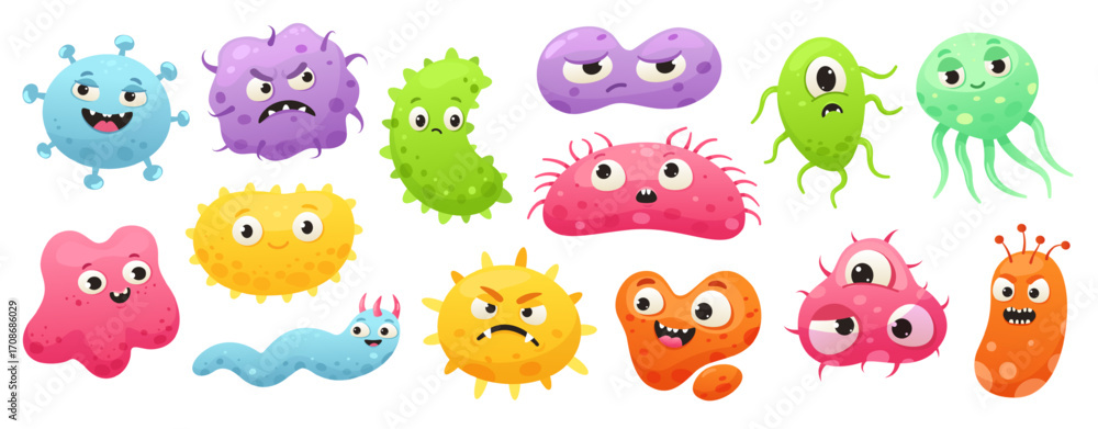 Naklejka premium Cartoon microbes. Virus, germ character, monster bacteria icons. Funny pathogen microorganism, flu and cancer cell. Disease healthcare concept elements. Vector isolated set