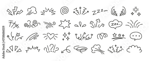 Manga doodle expression. Line comic anime Japanese elements, cartoon movement, emphasis and exclamation, dizzy and angry, shock lightning emotion funny effect. Vector isolated set