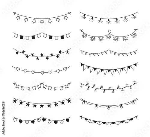 Doodle garland. Birthday party flags, hand drawn holiday pennant, sketch carnival garlands with lightbulb on string. Christmas bunting decoration, festive border. Vector isolated set