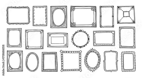 Hand drawn frames. Doodle square border, simple vintage picture frame, scrapbook photo circle decoration. Line sketch vignette, scribble stroke mirror, photoframe. Vector set