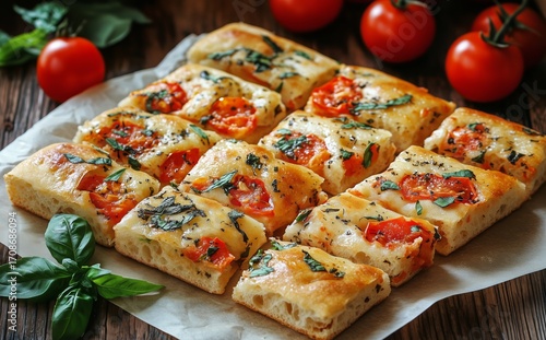Delicious Focaccia Bread With Fresh Tomatoes and Basil on Wooden Table